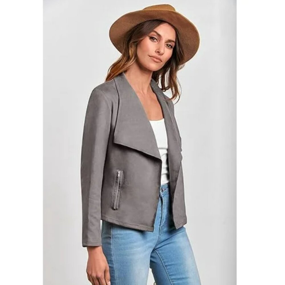 Pretty Garden Gray Faux Suede Open Front Jacket M